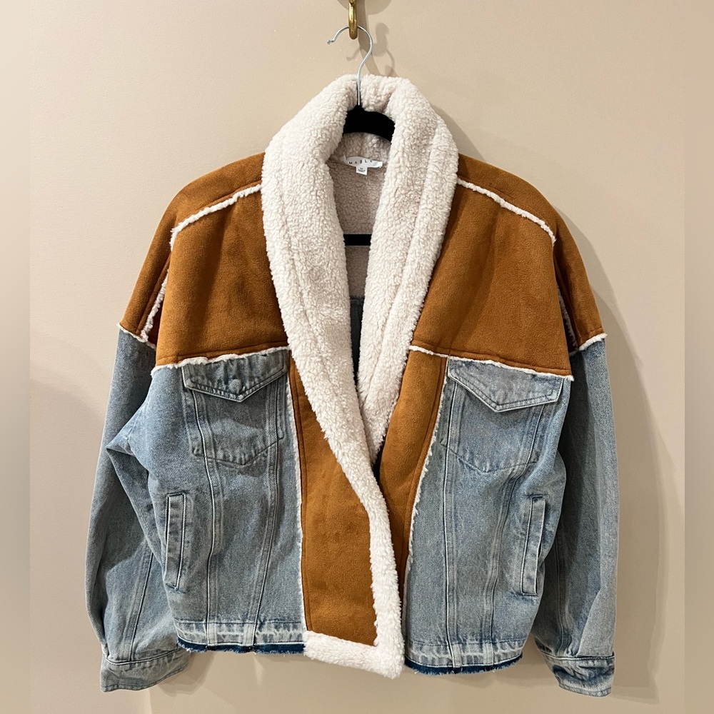 MABLE Denim Sherpa Jacket Medium Faux Suede Western Shearling Trucker (28)